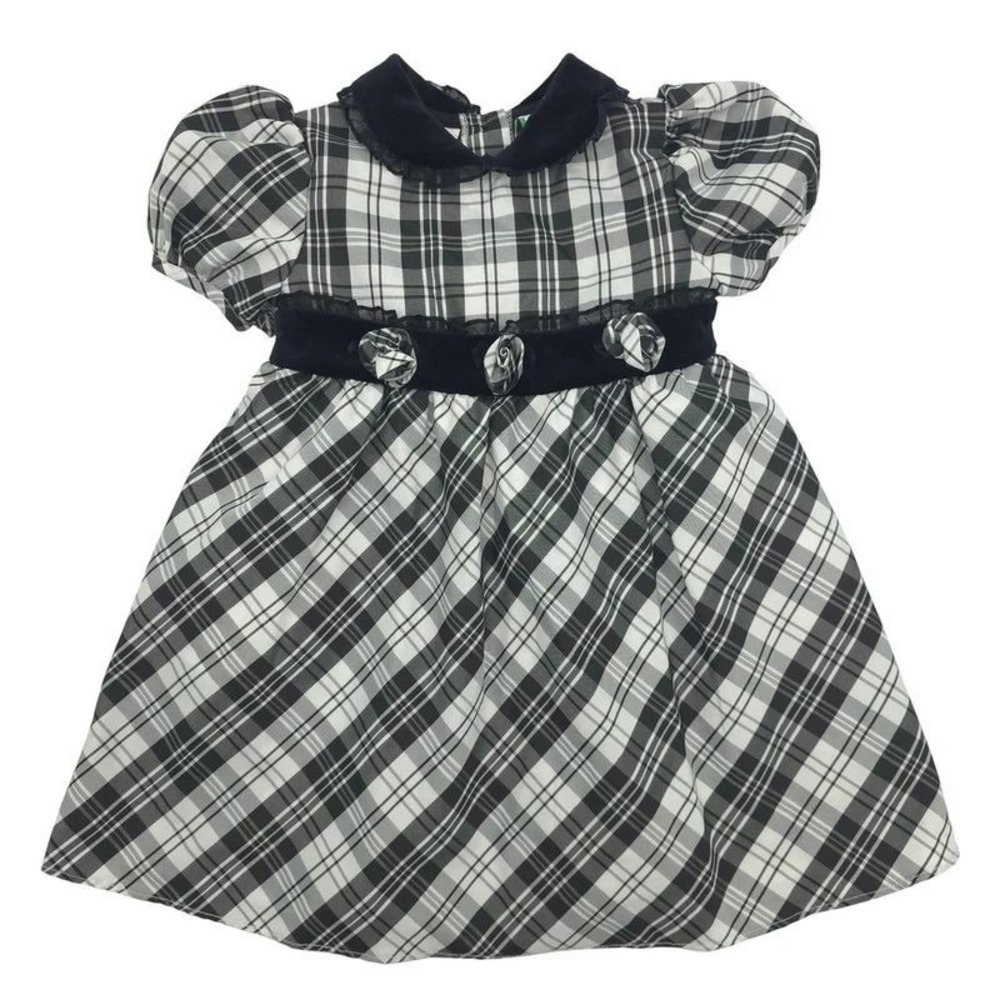 Vintage Plaid Velvet Trim Party Dress Little Bitty Black White Toddler Girl 18M